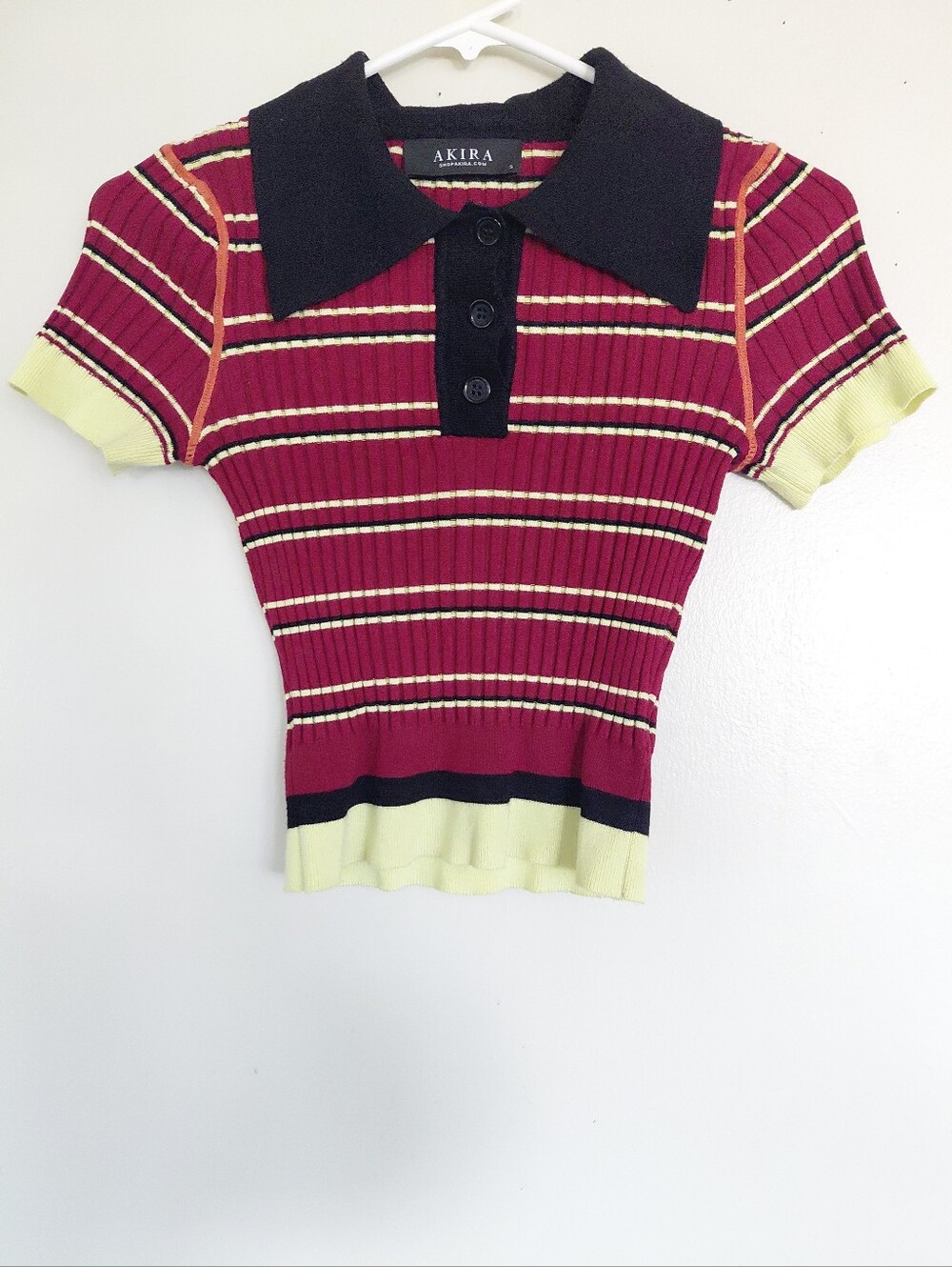 Akira Womens Burgundy/ Yellow Short Sleeve Ribbed Polo Crop Top Size S